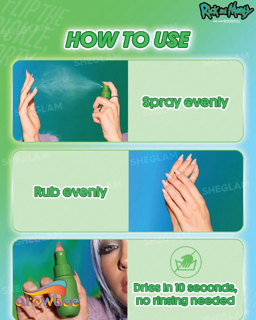Rick and Morty X SHEGLAM Pickle Rick No-Rinse Hand Cleanser Spray