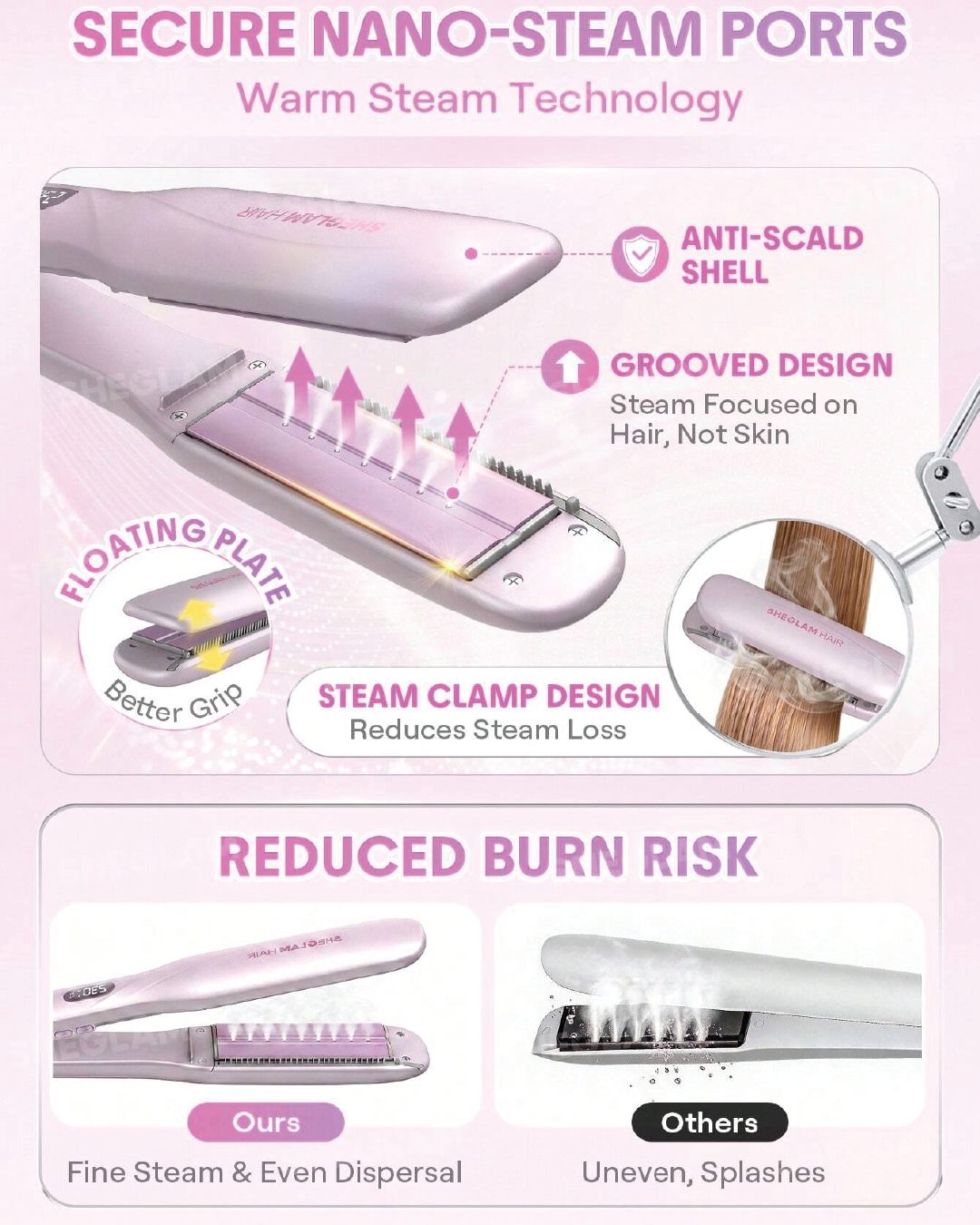 SHEGLAM HAIR Hydra Shot Steam Iron Pro, Straightener & Curler